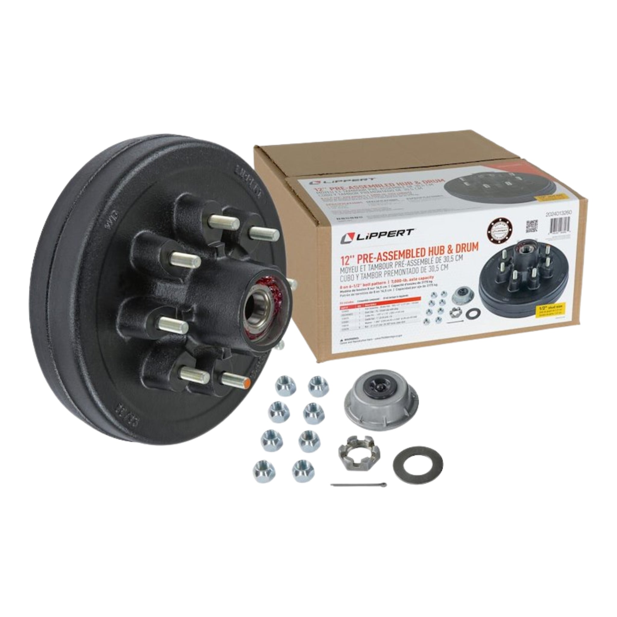 LIPPERT Trailer Hub/Drum Assembly for 7,000 lb Axle - 12" - 8 on 6-1/2" - 1/2 in. Studs - Pre-Greased