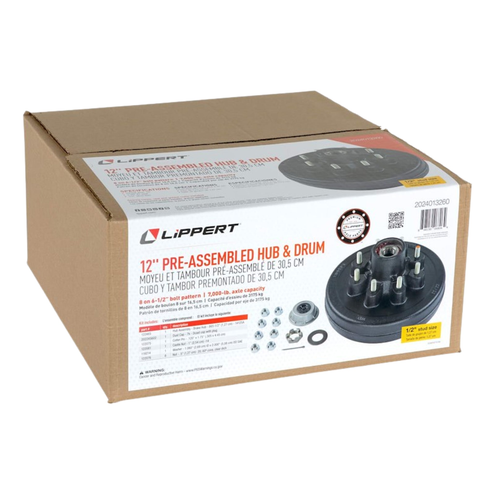LIPPERT Trailer Hub/Drum Assembly for 7,000 lb Axle - 12" - 8 on 6-1/2" - 1/2 in. Studs - Pre-Greased