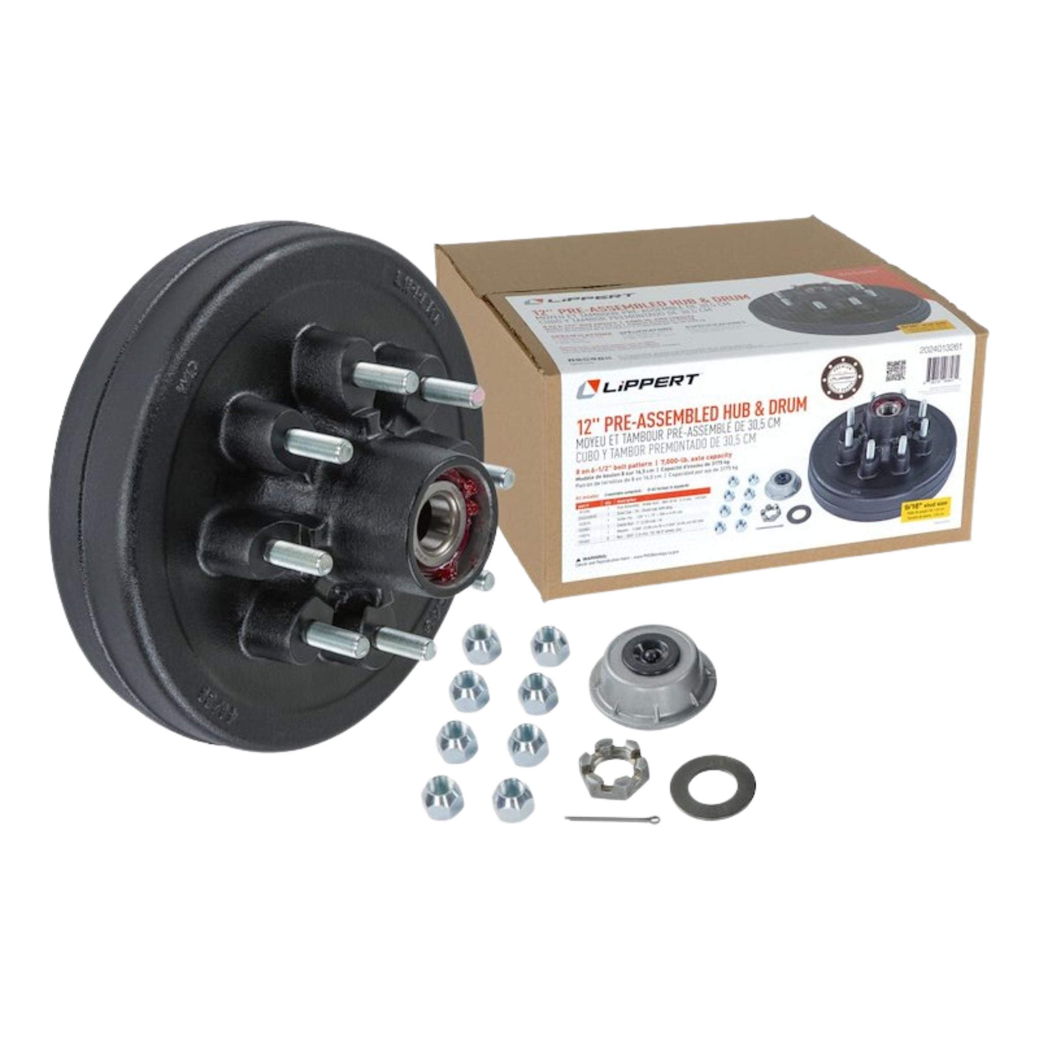 LIPPERT Trailer Hub/Drum Assembly for 7,000 lb Axle - 12" - 8 on 6-1/2" - 9/16 in. Studs - Pre-Greased
