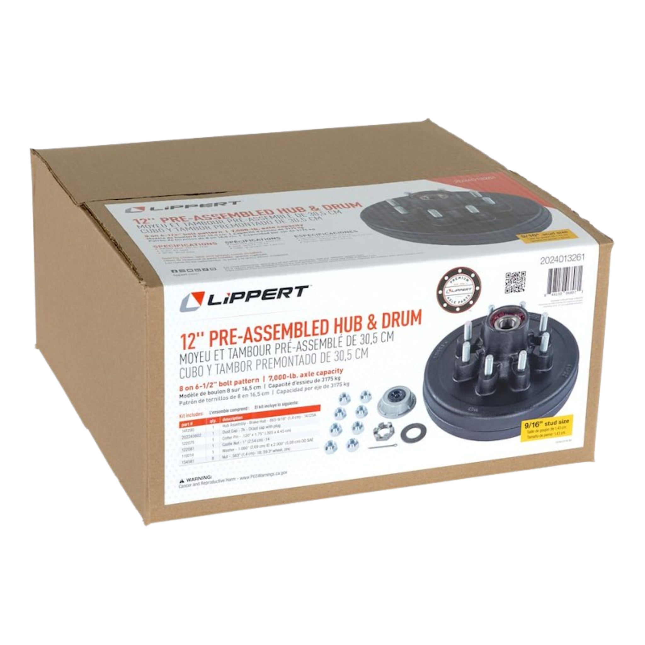 LIPPERT Trailer Hub/Drum Assembly for 7,000 lb Axle - 12" - 8 on 6-1/2" - 9/16 in. Studs - Pre-Greased