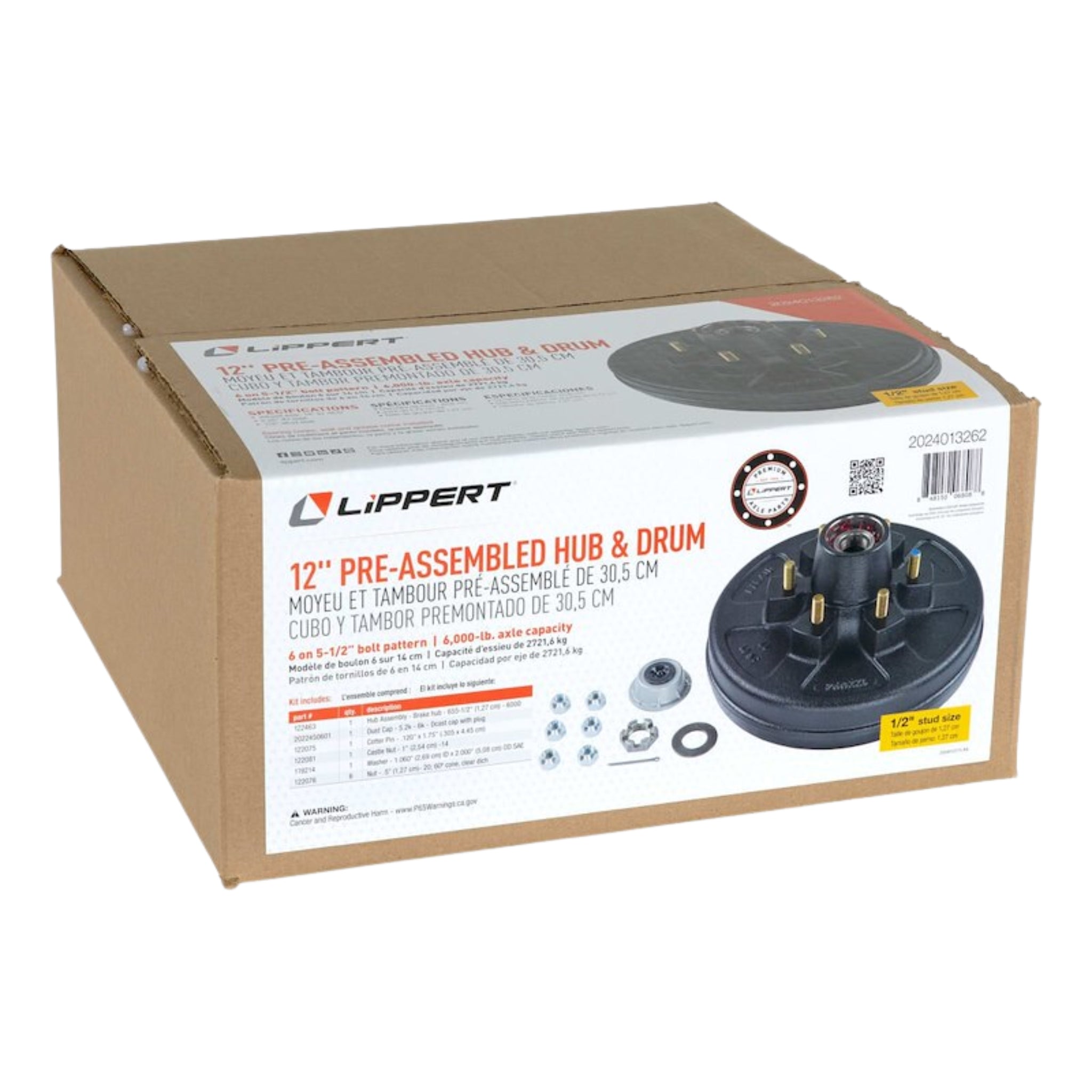 LIPPERT Trailer Hub/Drum Assembly for 6,000 lb Axle - 12" - 6 on 5-1/2" - 1/2 in. Studs - Pre-Greased