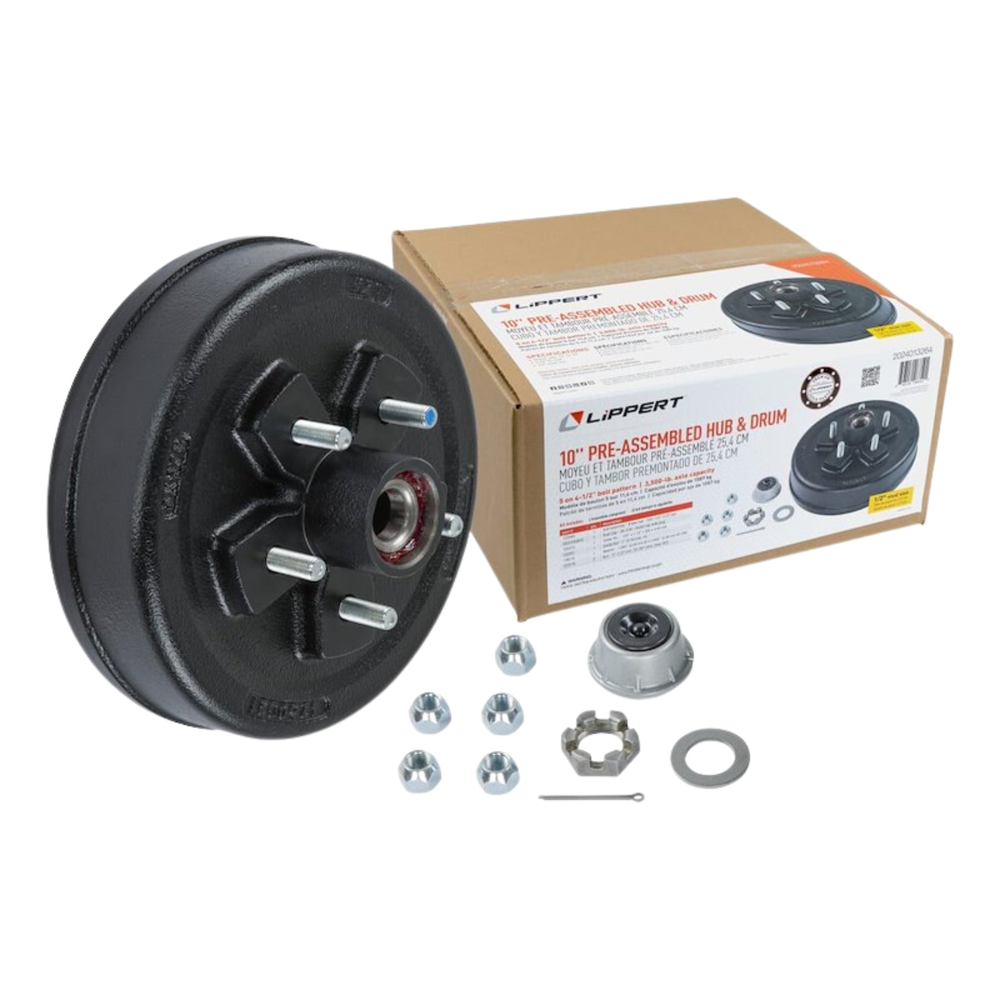 LIPPERT Trailer Hub/Drum Assembly for 3,500 lb Axle - 10" - 5 on 4-1/2" - 1/2 in. Studs - Pre-Greased
