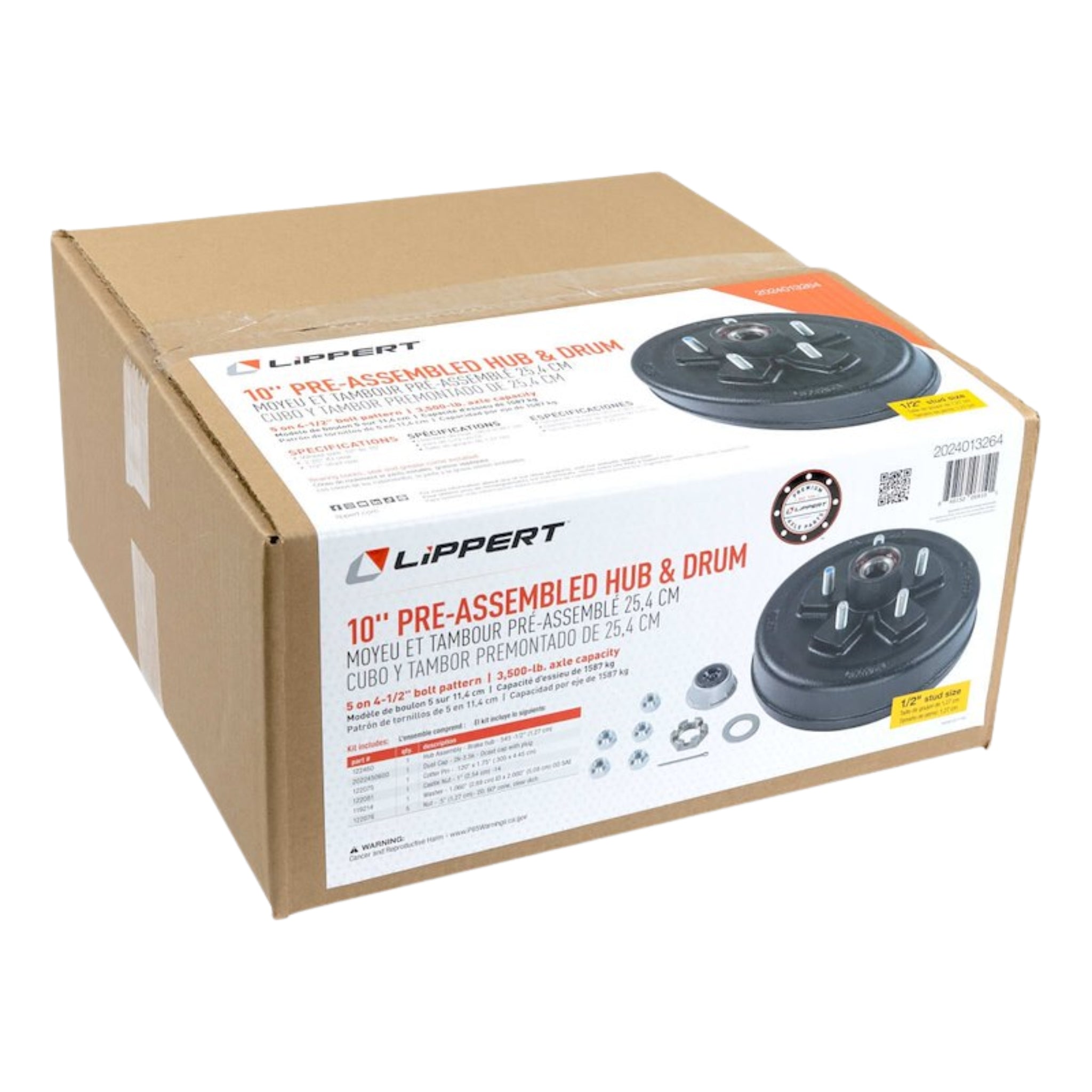 LIPPERT Trailer Hub/Drum Assembly for 3,500 lb Axle - 10" - 5 on 4-1/2" - 1/2 in. Studs - Pre-Greased