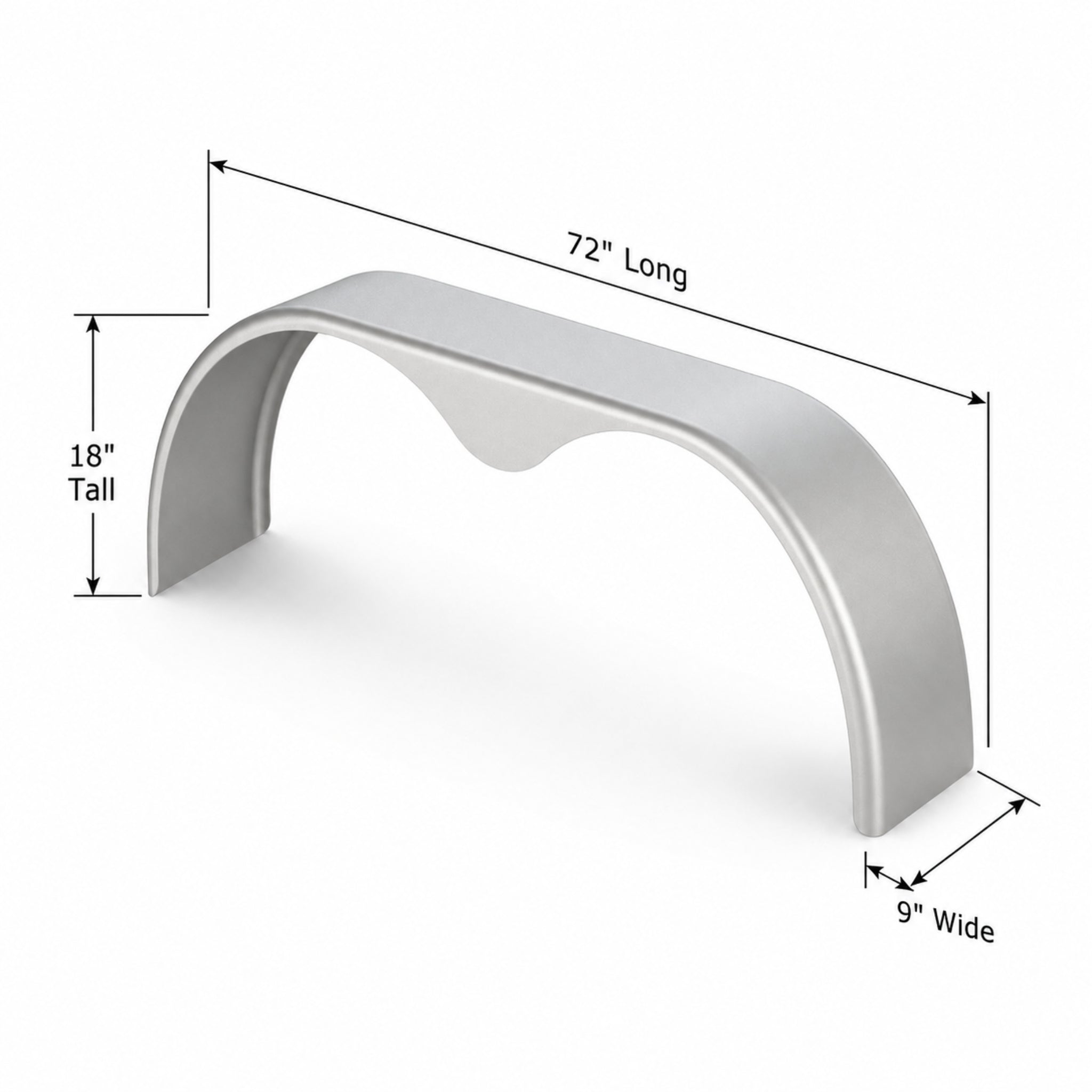 Aluminum Tandem Axle Teardrop Trailer Fender - 9" (W) X 72" (L) X 18" (H)