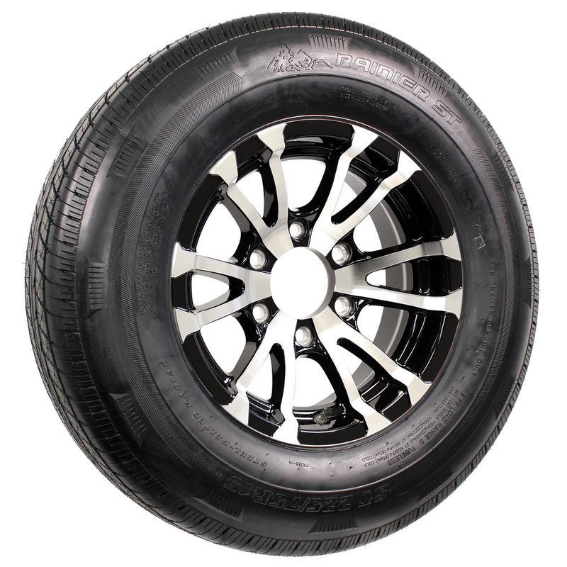 Rainier 15" 8 Ply Radial Trailer Wheel & Tire - St 225/75R15 6-5.5" Lug (Black & Silver Aluminum Avalanche)